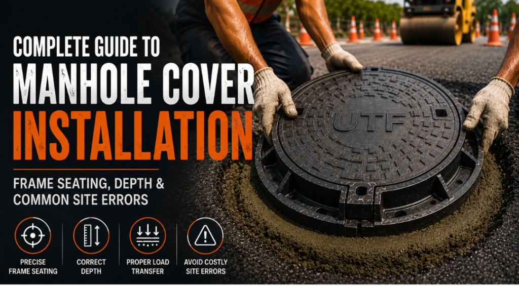 Workers installing a heavy-duty ductile iron manhole cover frame on a municipal road.