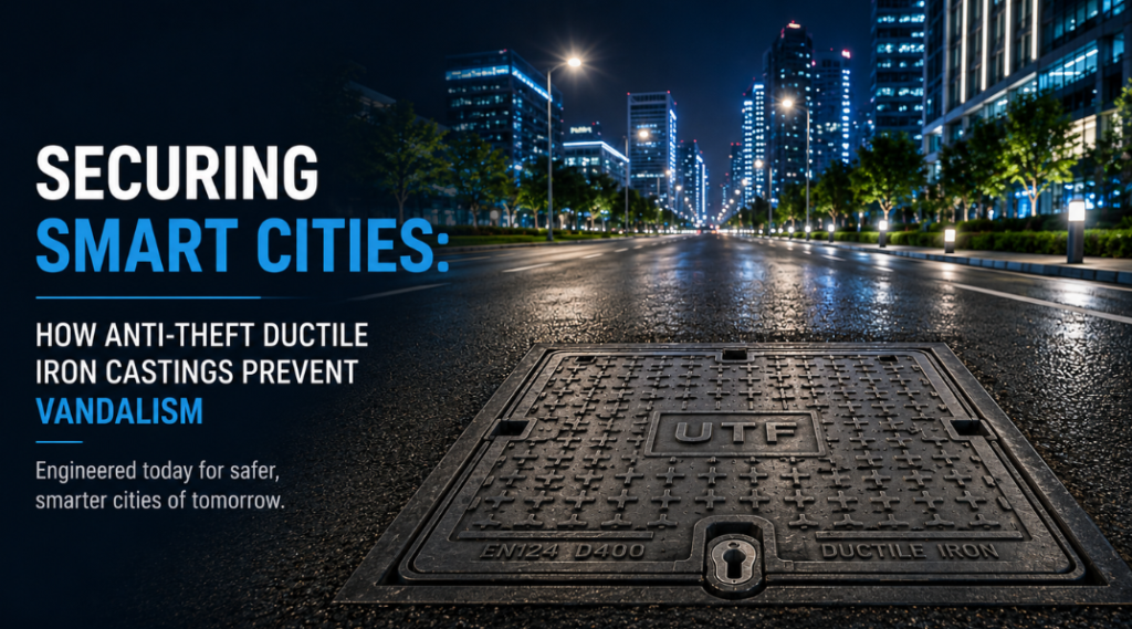 Anti-theft ductile iron manhole cover installed on a modern smart city street to prevent metal theft.