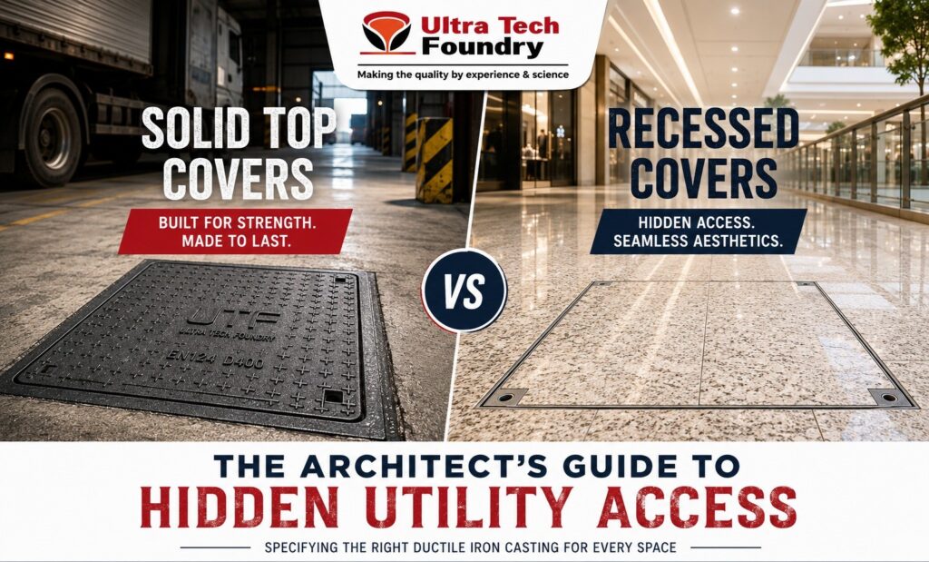 Side-by-side comparison of a heavy-duty solid top manhole cover and a decorative recessed cover filled with granite tiles.