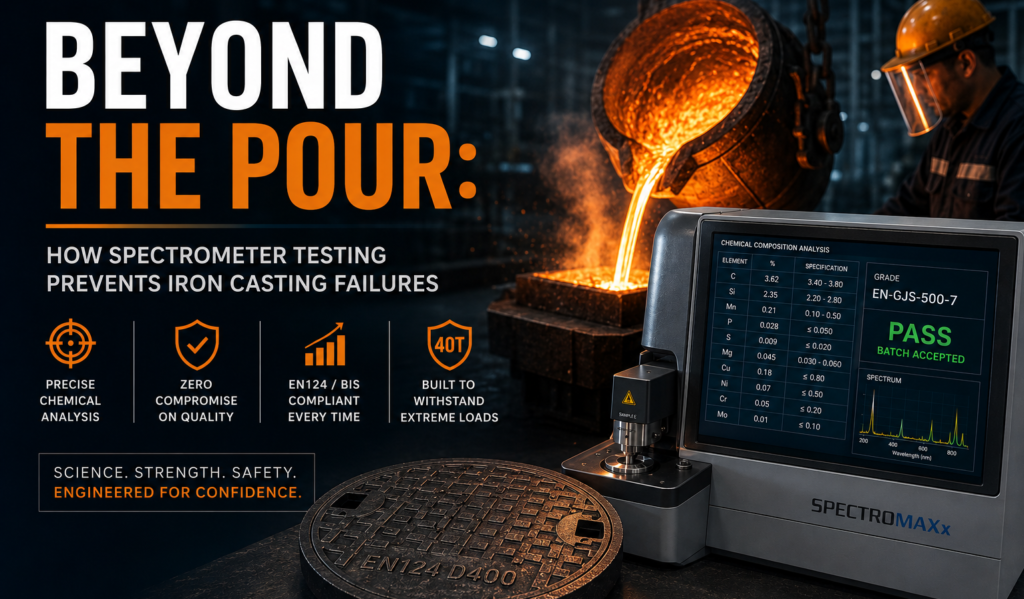 Optical emission spectrometer analyzing the chemical composition of molten ductile iron for quality control.