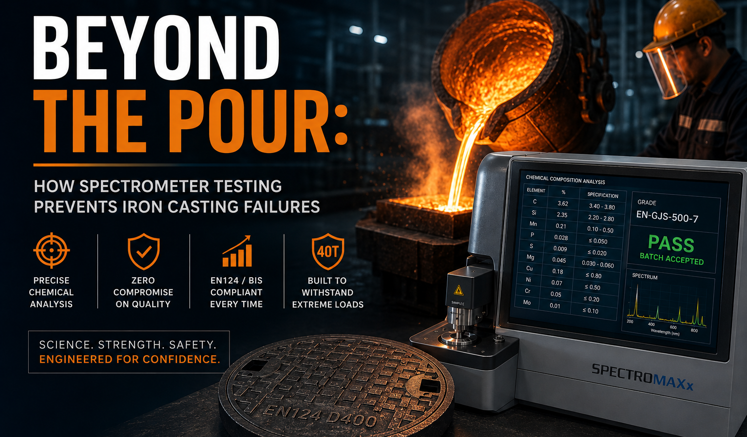 Optical emission spectrometer analyzing the chemical composition of molten ductile iron for quality control.